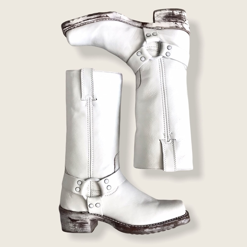 Frye Harness 12R White Distressed Biker Calf Boots - Picture 15 of 16